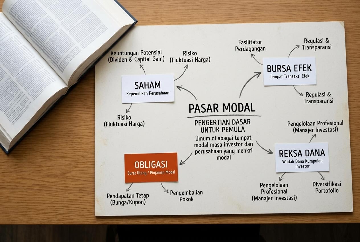Papan informasi dasar pasar modal dengan istilah saham dan obligasi