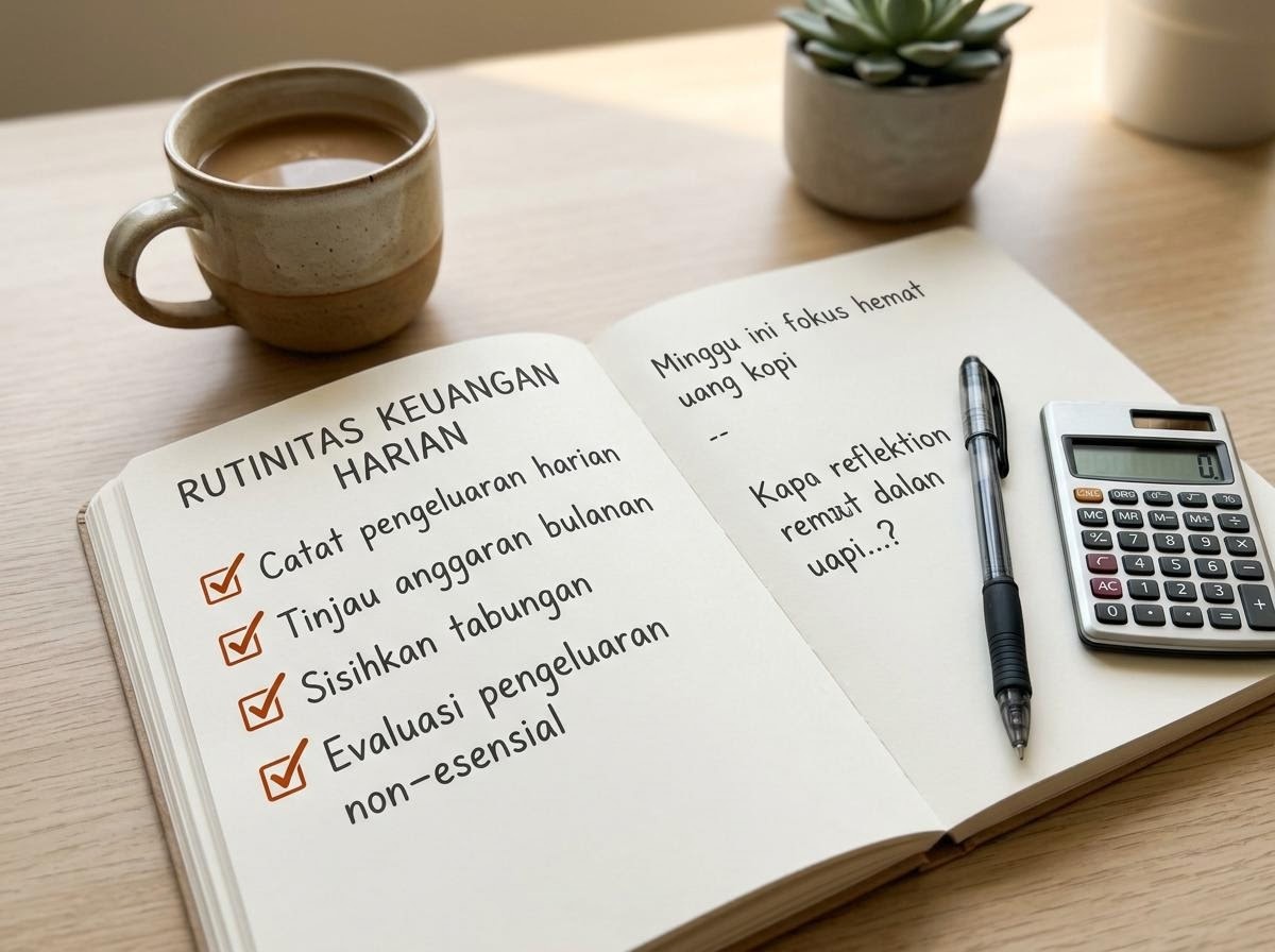 Buku catatan kebiasaan harian keuangan dengan pena dan kalkulator