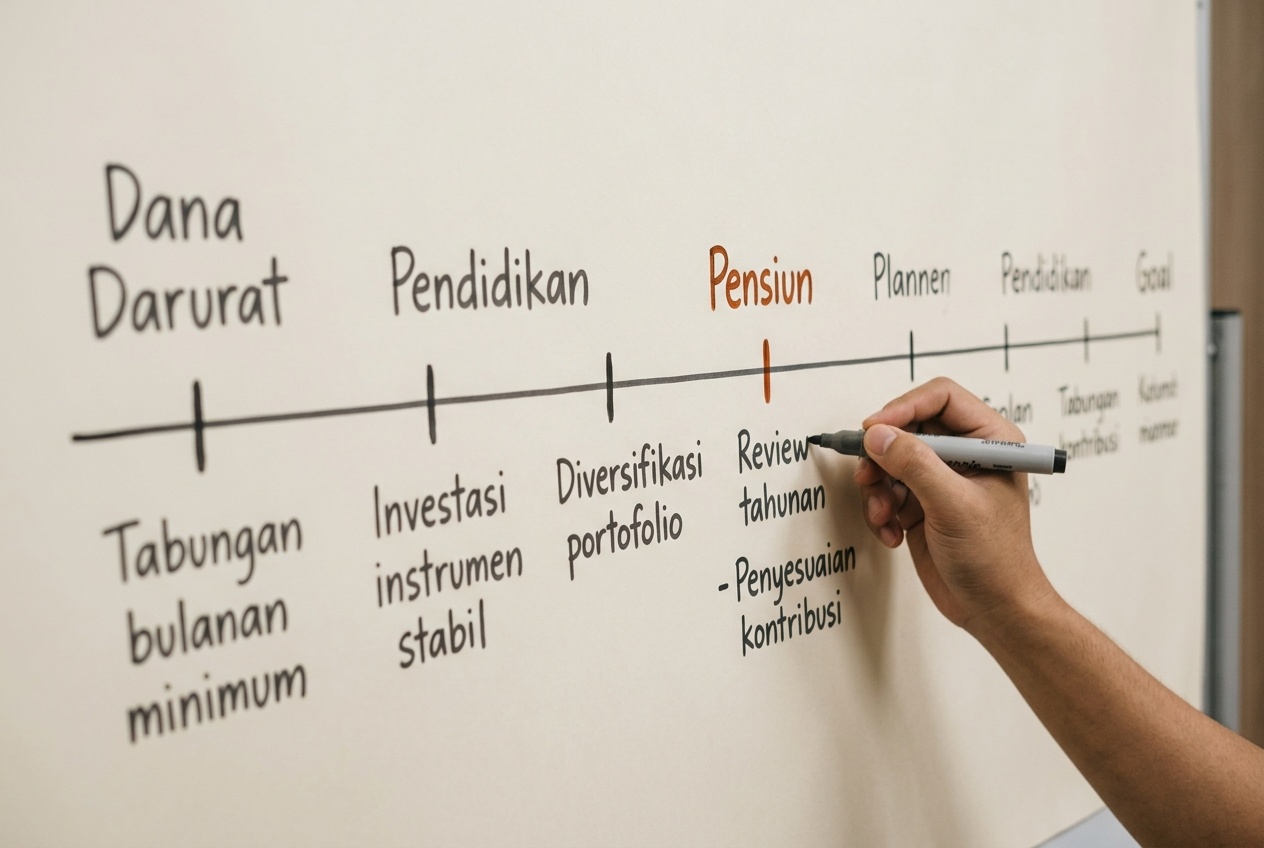 Garis waktu rencana keuangan jangka panjang tergambar pada papan tulis
