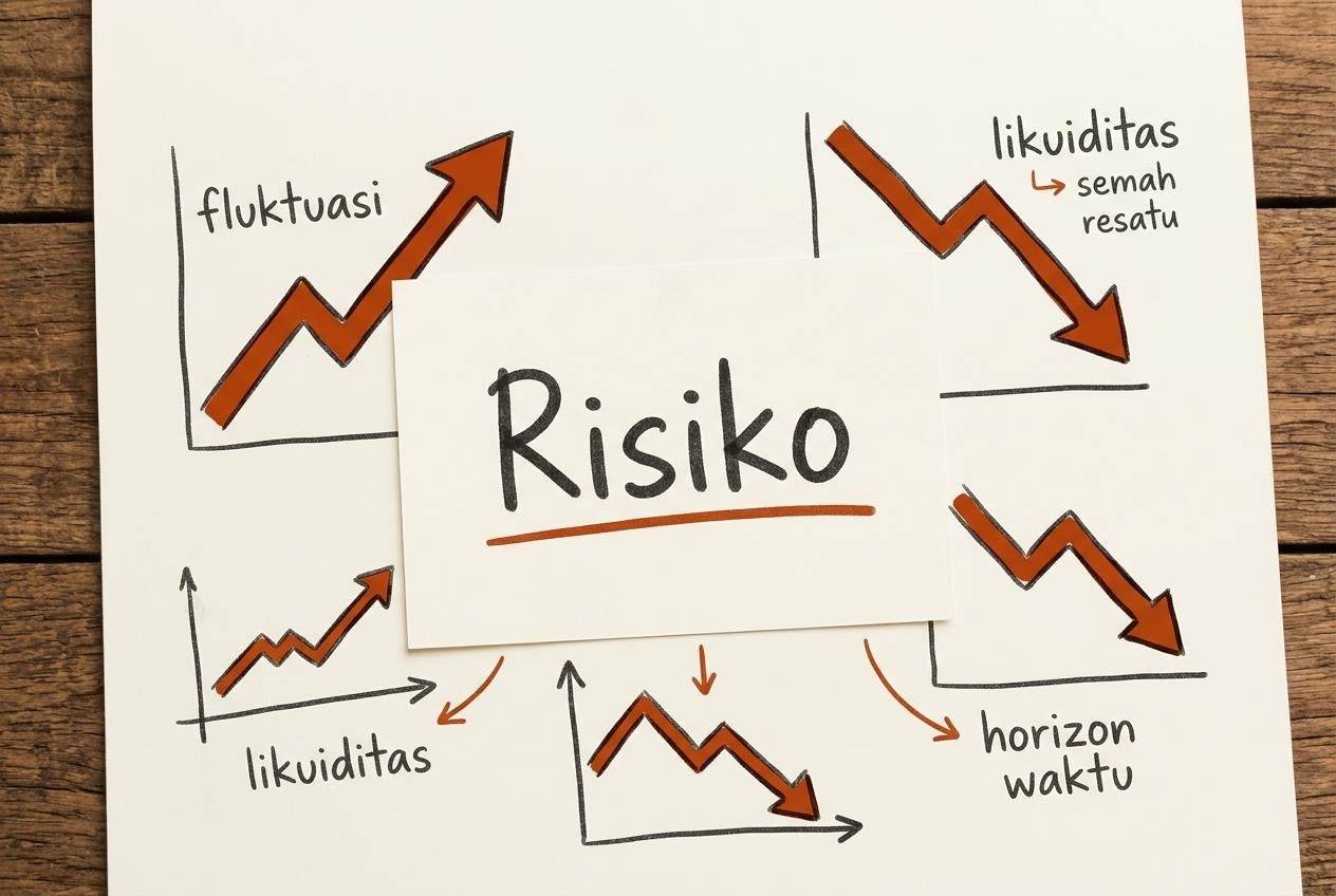 Kartu bertanda risiko investasi dengan panah naik turun di atas meja